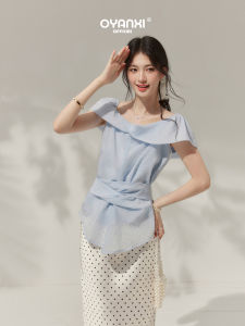 OUYANGXI | Áo Thun Mùa Hè Cổ Peplum Ruffle Ôm Phong Cách Pháp Màu Xanh