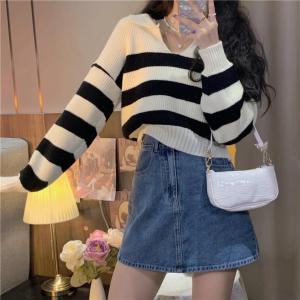 Grace_chili เสื้อกันหนาว เสื้อสเวตเตอร์คอวี แขนสั้นลายทางขี้เกียจเวอร์ชั่นเกาหลี#83068
