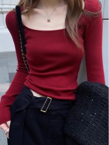 Red Knitted Long Sleeve Base Shirt Womens Fashion Slim Fit Square Collar New Years Inner Wear T-Shirt Top UFP Brand Commute Style