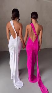 Hugcitar Váy Maxi Hở Lưng Một Vai Dành Cho Nữ Khăn Quàng Cổ Có Thể Điều Chỉnh Vòng Xếp Nếp Slim Fit Y2K Trang Phục Lễ Hội Dạo Phố Chiều Dài Sàn Nhà