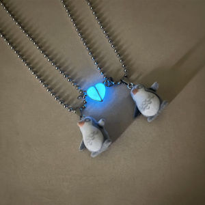 Luminous Grey Heart Cute Little Penguin Couple Necklace Fashionable Illuminated Jewelry Accessory
