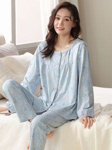 ชุดนอนผ้าฝ้ายแท้ระดับไฮเอนด์สําหรับผู้หญิงที่มีคอกลมพิมพ์การ์ตูนแอนิเมชั่นแขนยาวและขนาดใหญ่พิเศษ