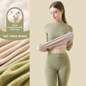 miiow | Warmth Comfortable Womens Mid-Neck Cat Person Silk Cashmere Underwear Set Long Sleeve Long Pants Elastic Fiber Polyester Blend