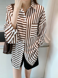 AMILUCK | Personalized Stripe Womens Shirt Autumn New Retro Hong Kong Style Top Lightweight Maturity Design Sensation Shawl Collar Cotton Blend