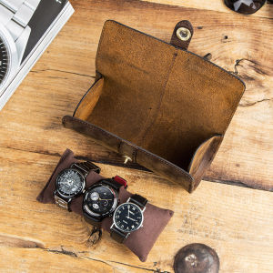 Hiram Genuine Leather Handmade Genuine Leather 3 Slot Watch Box Watch Roll Travel Case Wristwatch Pouch Watch Organizer Portable Watch Storage Bags
