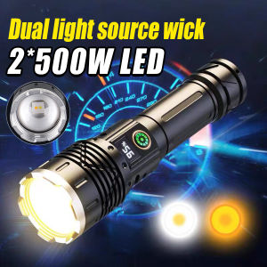 Newest Two-Color Light Source Rechargeable Flashlight 500W LED Yellow Lighting Powerful Torch 110000LM High Power LED Flashlight