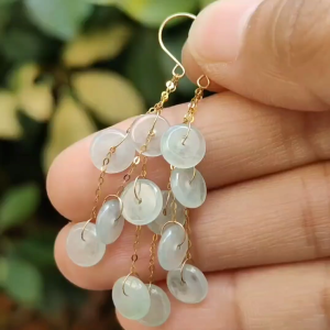 Pair of Hook Earrings set with 18k Gold on 12 Dounut shape Natural Type A Jadeite Jade certificate weighs 2.84 grams measurement 7 * 2mm (18k04)