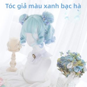 Ombre Xanh Bạc Hà Tổng Hợp Tóc Giả Với Nổ Lượn Sóng Xoăn Ngắn Cosplay Tóc Cho Nữ Đảng Giáng Sinh Halloween