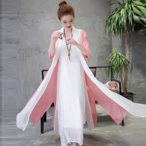 New Chinese Style Single Layer Patchwork Open Cardigan Summer New Pure Color Long Sun Protection Cotton Linen Outerwear Womens Fashion