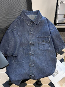 Summer Vintage Washed Button Workwear Short Sleeve Denim Shirt Loose New Chinese Style Half Sleeve Japanese Style Trendy Shirt