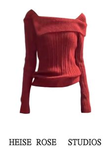 Christmas Atmosphere Red One-Shoulder Knitted Sweater Womens Autumn Winter Slimming Base Layer Inner Wear Long Sleeve Sweater