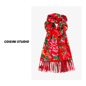 Red Tassel Scarf Womens Autumn Winter Warm Versatile Ethnic Style Fashionable Flower Patterned Neck Warmer for Students And Couples
