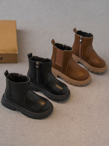 Childrens Martin Boots 2024 Winter New Boys Shoes Children Toddler Boots Leather Ankle Boots Thin Cotton Velvet British Style