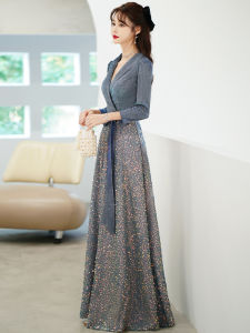 Evening Dress Womens Elegant Dignified Big High-End Temperament Host Sequin Long Fancy Performance Conductor Chorus Clothing