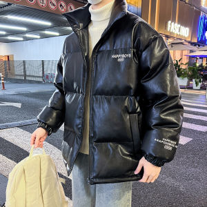 Winter Thickened PU Leather Stand Collar down Jacket Mens Youth Fashion Print Cotton Coat Warm Waterproof Outerwear
