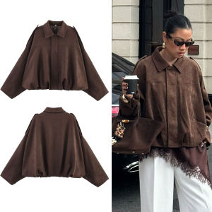 HH Womens Street Fashion Solid Loose Suede Texture Coats Causal Long Bat Sleeves Lapel Zipper Fly Winter Vintage Jackets