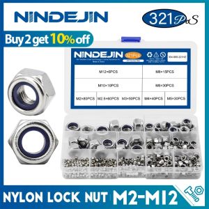 NINDEJIN 321pcs Nylon Lock Nut 304 Stainless Steel M2 M2.5 M3 M4 M5 M6 M8 M10 M12 Hex Hexagon Self Locking Nut Assortment Kit