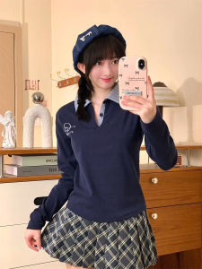 เสื้อยืดคอโปโลลายทางสไตล์เกาหลีแขนยาวผู้หญิงพิมพ์ลายสร้างสรรค์ ทรงเข้ารูป ผ้าฝ้ายผสมยืดหยุ่นสำหรับฤดูใบไม้ร่วง