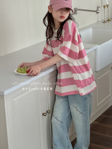 Shiny Sequin Girls T-Shirt Short Sleeve Summer Wear Loose Striped Top Korean Style Childrens Clothing Aiza Basic Brand