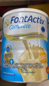 FontActiv Complete bột dinh dưỡng cân bằng với 100% whey protein và chất xơ hòa tan hương vani. Sản phẩm không chứa gluten và lactose.