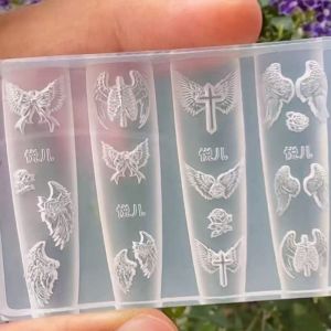 Nail Art Mold Set Combination Wings Feathers Cross Skull Hand Knife Rose 3D Nail Art Decorations Transparent Silicone Mold