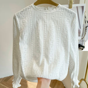 Pure Cotton White Womens Long Sleeve Shirt Spring New Style Korean Version round Neck Lace Base Layer Top Comfortable Casual