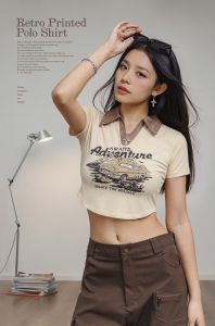 MADEN brand cute and mischievous nightclub girl retro printed polo shirt with exposed waist short shoulder length short sleeves slim fit and slimming T-shirt spicy girl collarbone