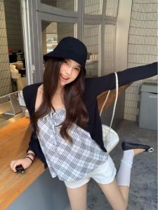 Autumn Plaid Vest And Strap Long Sleeve Womens Set Two Pieces Vintage Style Loose Fit Printed Square Collar Casual Wear