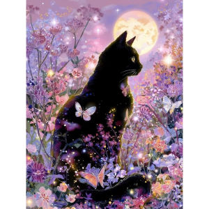 Jigsaw Puzzle 500 1000 1200 2000pcs Mysterious Black Cat Sitting Among Colorful Flowers for Adults Stress Relief Relax Activity