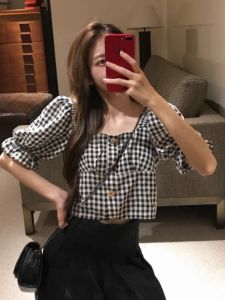 Enigma Shi Black White Bubble Sleeve T-Shirt for Women Summer Style Cotton Polyester Blend Pear Shape Work Clothing