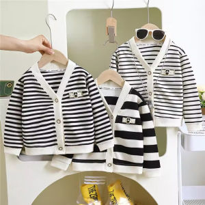 Kids Striped Cardigan Coats Spring Autumn Baby Girls Boys Knit Jackets Children Clothing Fashion Knitwear Sweatshirt 1-10 Years