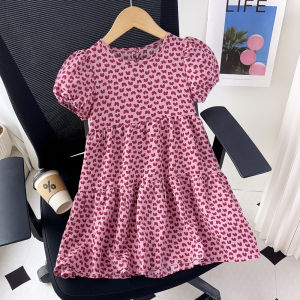 Bear Leader Baby Girl Korean Version Leopard Love Print Princess Dress Summer Puff Sleeves Girls Casual Clothes 2-7 Years Kids Fashion Wear