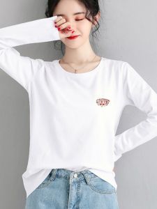 Loose Fit Pure Cotton Long Sleeve round Neck T-Shirt Womens Base Shirt Spring New Style European Fashion Printed Versatile White