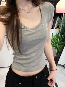 American Style U-Neck Short Sleeve T-Shirt Women Summer Pure Desire Design Slim Fit Sweet And Spicy Girl Short Top