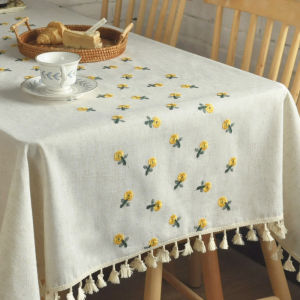 Japanese Style Embroidered Daisy Background Cloth Long Rectangle Tablecloth for Dining Room Living Room Tea Table Picnic