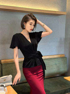 XULU Original Design Acetate Slimming Short Sleeve V-Neck Loose Fit Pure Color Versatile T-Shirt for Women Summer Casual Wear