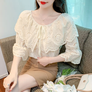 Summer 2026 Womens Lace Hollow out Seven Sleeve One Shoulder Design Sense Gored Edge Shirt Cotton Original Design Loose Fit