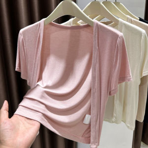 เสื้อคลุมกันแดดผ้าไหมน้ำแข็งโมดอลสำหรับผู้หญิงในช่วงฤดูร้อน เสื้อคลุมกันหนาวแบบบางแขนสั้น ผ้าคลุมกันหนาวแบบเปิดไหล่ ชุดคลุมกันหนาวแบบสวมเสื้อ