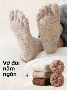 MiiOW | Tất 5 ngón Catman Coral Fleece Lined dày dặn cho nữ Tất ống dài mùa đông ấm áp thoải mái Tất ống dài bằng vải tua rua
