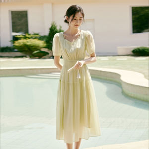 XIANGYING | Đầm Tencel Cổ Vuông Dây Đai Eo Mảnh Mặc Đi Biển