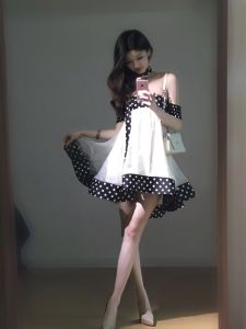 CHANGTONG | Đầm Ngắn Bồng Túi Chấm Bi Kiểu Hàn Quốc