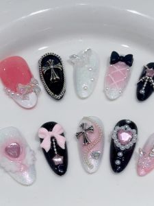 Aurora Blush Ice Transparent Butterfly Knot Color Block Black And Powder Sweet Cool Spicy Girl Nail Art Wearable False Nails