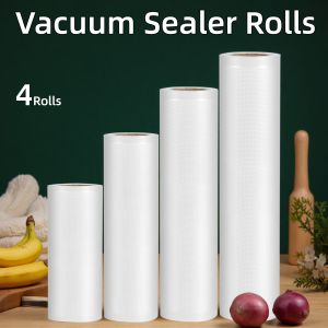 4-Pack Vacuum Sealer Rolls: Heavy-duty BPA-free food-grade. Dot embossed for leak-proof seals free-cut for bulk storage. Pres