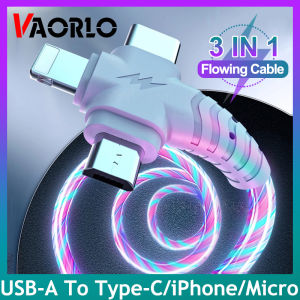 VAORLO 3 IN 1 LED Glow Flowing Charging Cable USB Type C Luminous Lighting Fast Charger Micro USB Wire Compatible With iPhone Android Phone Lighting USB Cable