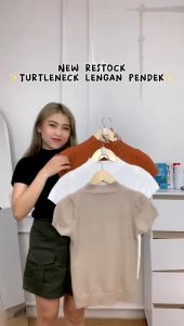 Baju Wanita Tangan Pendek Atasan Wanita dewasa kaos Rajut Lengan Pendek Kerah Tinggi terbaru impor