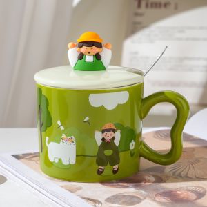 Cute Aesthetic Ceramic Cup with Lid and Spoon