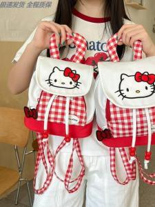 Red Plaid Hellokitty Mini Shoulder Bag Womens Backpack Soft Cute British Style Travel Bag with Nylon Lining And Stainless Steel Hardware