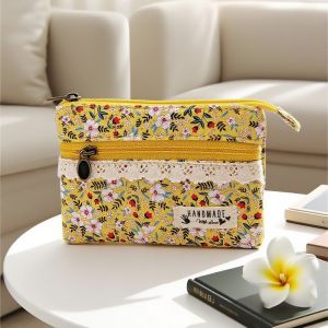 Floral Double Pull 4-Layer Cotton Change Bag for Girls Fresh Pastoral Style Silver ID Card Coin Wallet