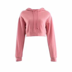 Retro Versatile Solid Color High Waist Slim Short Crop Loose Long Sleeve Knitted Hoodie Womens Spring Cotton Polyester Sweatshirt