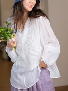 XIAOER | Heavy Embroidery Beaded 100 Pure Ramie Straight Shoulder Well-stitched Lining V-neck Blouse